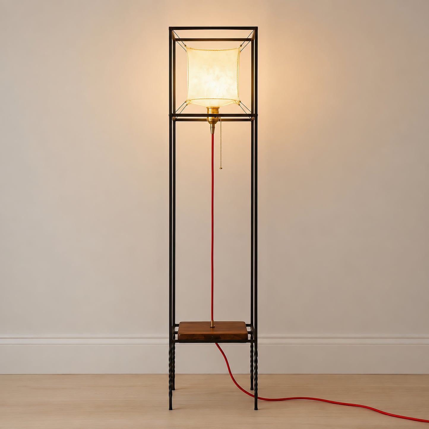 Modern Floor Lamp with Leather Shade, Unique Walnut Standing Light, Handmade Wood Lamp, Minimal Ambient Lighting