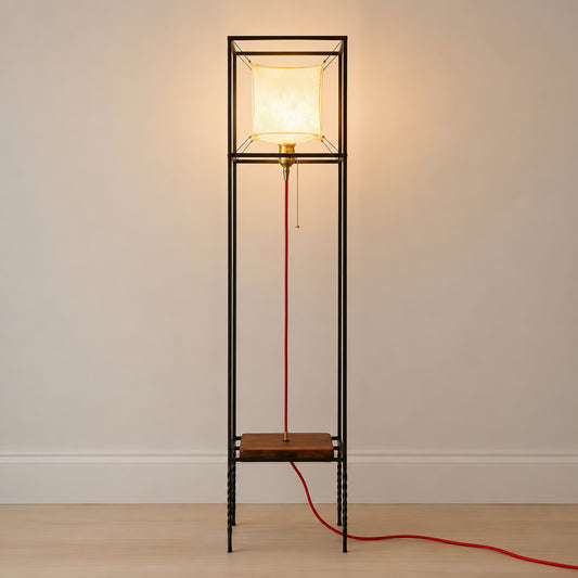 Modern Floor Lamp with Leather Shade, Unique Walnut Standing Light, Handmade Wood Lamp, Minimal Ambient Lighting