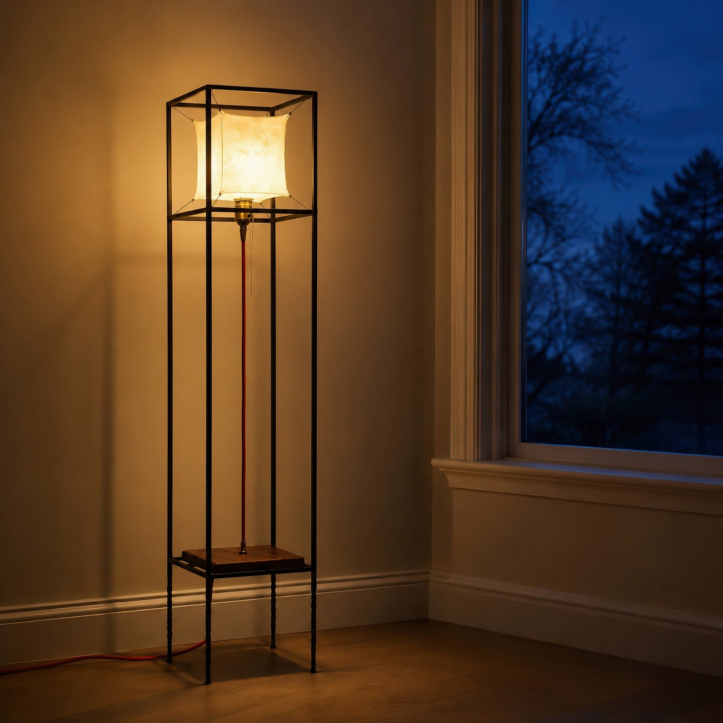 Modern Floor Lamp with Leather Shade, Unique Walnut Standing Light, Handmade Wood Lamp, Minimal Ambient Lighting