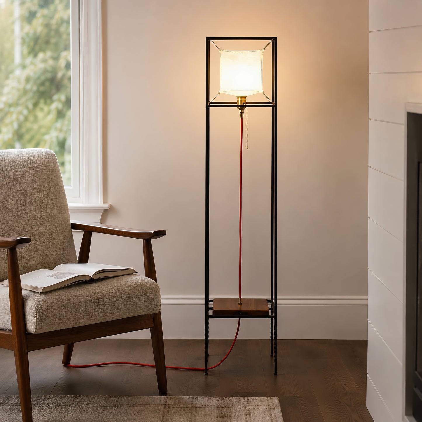 Modern Floor Lamp with Leather Shade, Unique Walnut Standing Light, Handmade Wood Lamp, Minimal Ambient Lighting