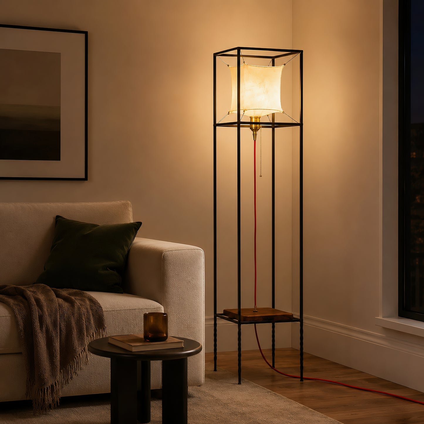 Modern Floor Lamp with Leather Shade, Unique Walnut Standing Light, Handmade Wood Lamp, Minimal Ambient Lighting