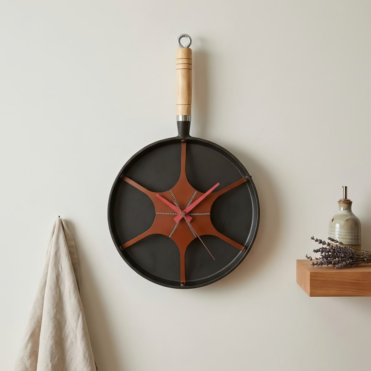 pan wall clock front detail with leather center