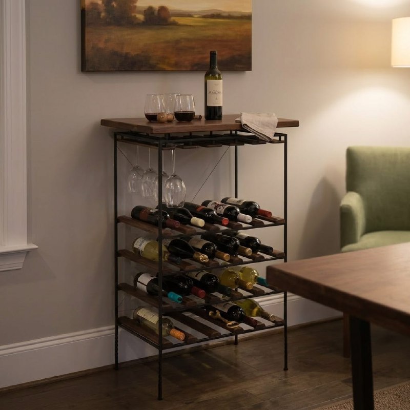 VELOAR metal and wood wine cabinet in living room corner