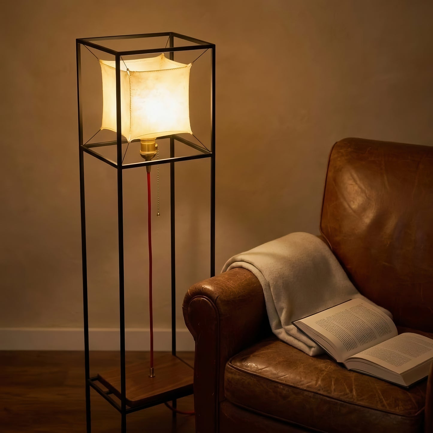 Modern Floor Lamp with Leather Shade, Unique Walnut Standing Light, Handmade Wood Lamp, Minimal Ambient Lighting